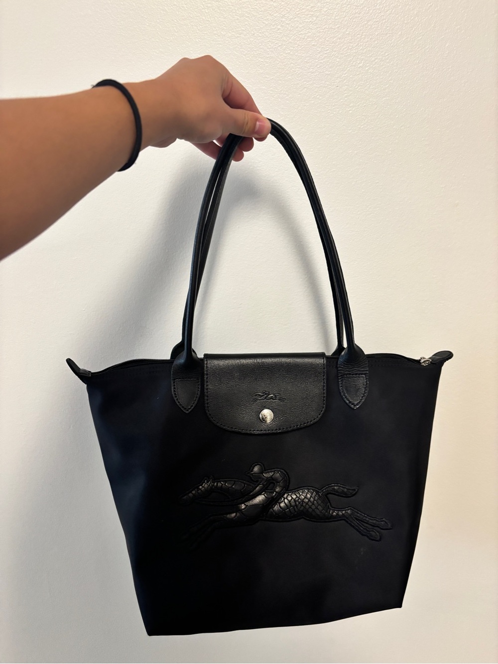 Longchamp Black Nylon Tote with Embossed Horse Motif
